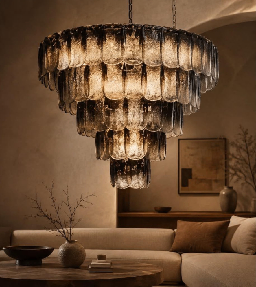 Tiered smoked-glass chandelier in a warm living room