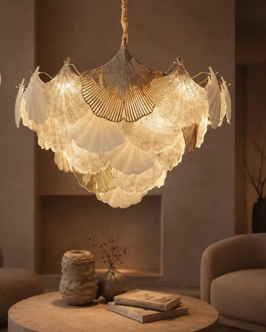 Sculptural illuminated chandelier with layered fan-shaped details
