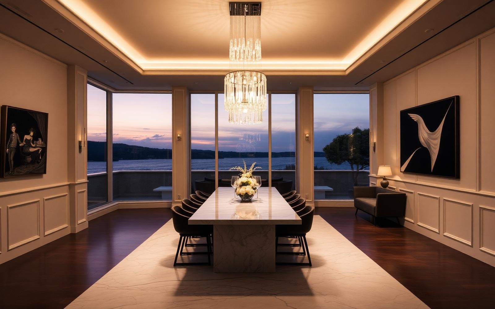 Dining room with a linear crystal chandelier