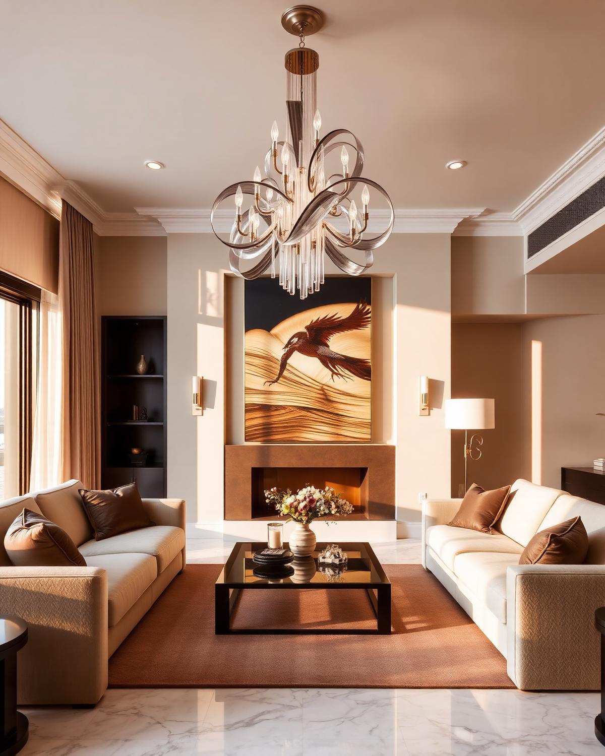 Living room with a sculptural chandelier
